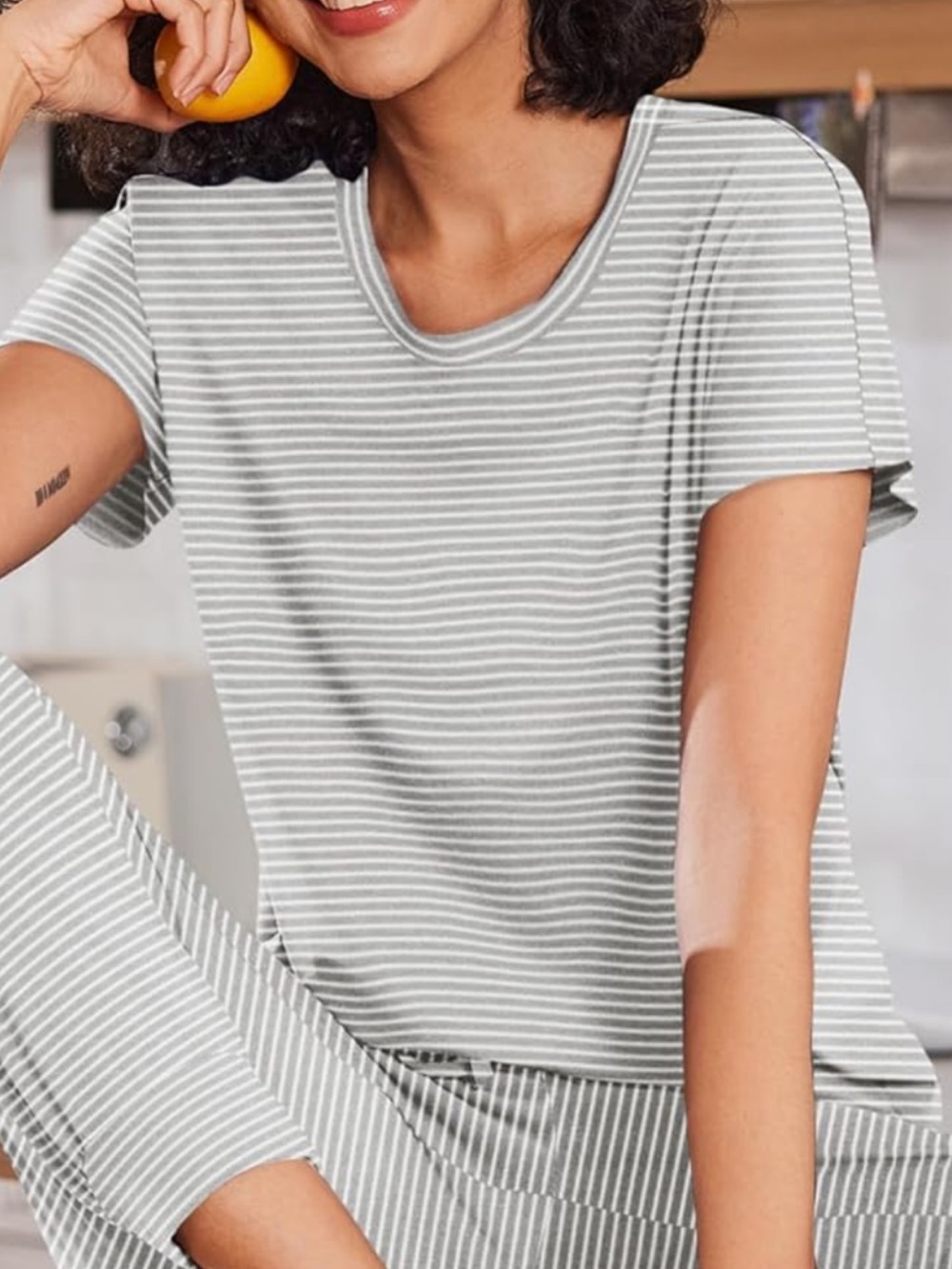 Striped Short-Sleeve Pajama jog Set in Gray & White - Picture 4 of 4